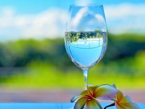 a glass of water sitting next to a flower at Private Villa The Beach AMAMI in Tatsugo