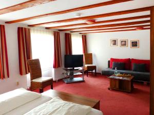 a living room with a couch and a tv at Hotel Zum Schwarzen Walfisch in Bad Säckingen