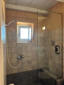 a shower with a glass door in a bathroom at Balcony&Tower in Areopoli +54 photos