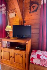 a television on a wooden stand in a room at Chalet 6 pers près du lac de Longemer et des pistes in Xonrupt-Longemer