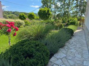 a garden with flowers and plants and a pathway at Vila Amante in Gornja Toplica