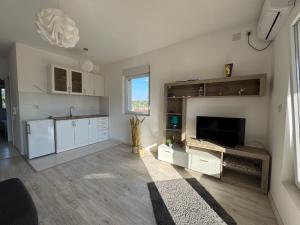 a kitchen with white cabinets and a flat screen tv at Vila Amante in Gornja Toplica