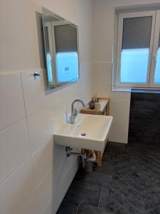 a bathroom with a sink and a mirror at Hügelland Apartment in Elxenbach +11 photos