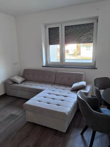 a living room with a couch and two windows at Hügelland Apartment in Elxenbach