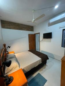 a bedroom with a bed and a flat screen tv at Apartamento minimalista con balcón in Fernando de la Mora