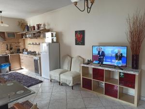 a living room with a flat screen tv on a counter at Διαμέρισμα 110 Μ στον Λαγκαδά in Lagadas