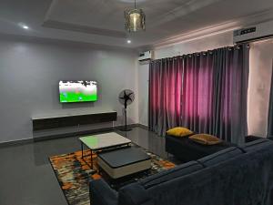 a living room with a couch and a tv at Kbazz apartments in Ibadan