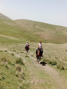 two people riding horses down a dirt road at Dastans Homestay, Bed and Breakfast & Horse riding in Kyzart