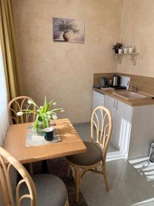 a small kitchen with a wooden table and chairs at Port Lake Hotel in Beloslav +17 photos