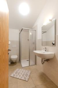 ein Badezimmer mit Dusche, Waschbecken und Toilette in der Unterkunft Zischgalm in Obereggen