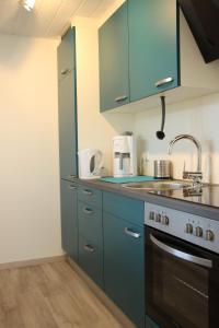 a kitchen with blue cabinets and a sink at Ferienbungalow Strandluft in Loissin