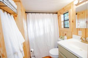 a bathroom with a shower and a toilet and a sink at Little Pine Lodge At Saddlecreek in Thomasville +33 photos