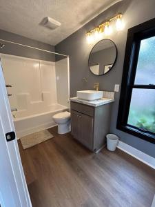 a bathroom with a sink toilet and a mirror at Victorian Queen Getaway Unit C Washerdryer in Muskegon