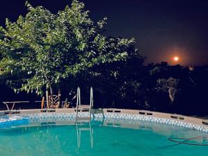 a swimming pool with chairs and a tree at night at Mountain pool house in Varnávas