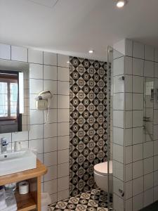 a bathroom with a shower and a sink and a toilet at Hotel Au Cerf in Riquewihr +23 photos