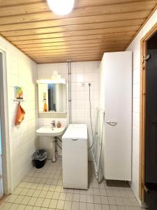 a small bathroom with a sink and a refrigerator at Warm and cozy one-bedroom & Sauna in Vantaa +16 photos