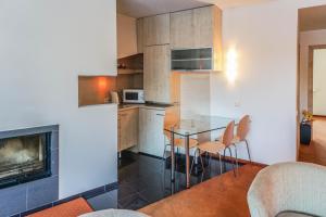 帕蘭加的住宿－維拉維奧拉公寓，厨房配有桌椅和壁炉。