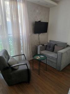 a living room with a couch and a chair and a table at Apartmani Planinski Bor in Divčibare