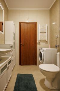 a bathroom with a toilet and a sink and a washing machine at MaxInn 14 in Pirot +7 photos