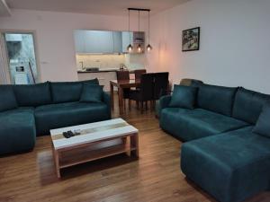 a living room with blue couches and a table at Apartmani Planinski Bor in Divčibare