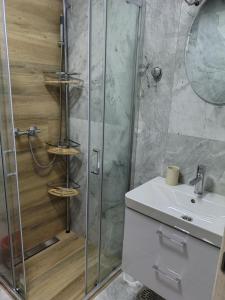 a bathroom with a shower and a sink at Apartmani Planinski Bor in Divčibare