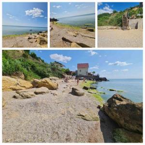 a collage of four pictures of a beach at Fontanka Dom in Fontanka