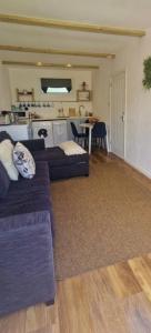 a living room with two couches and a kitchen at Lovely garden cabin in Luton