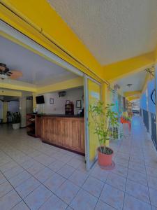 a living room with a yellow wall and a lobby at Hotel Miami CR in Puerto Limón