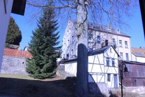 a large white building with a tree in front of it at Appartement Erzgebirge in Schönheide
