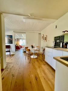 a kitchen and living room with a table and chairs at Studio Auenland in Kottingbrunn +15 photos