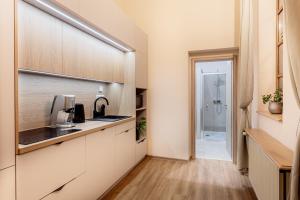 a small kitchen with white cabinets and a sink at City Residence Apartment Hotel in Košice
