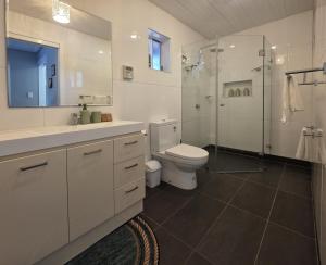 a white bathroom with a toilet and a shower at Chandelle Park Farm Stay in Exeter