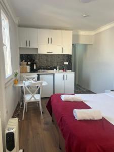 a kitchen with two beds in a room at Balat Life Suites in Istanbul