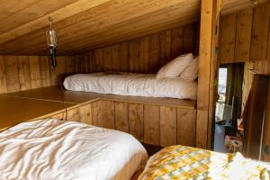 two beds in a room with wooden walls at Bon Air Club in Saint-Léonard-des-Bois