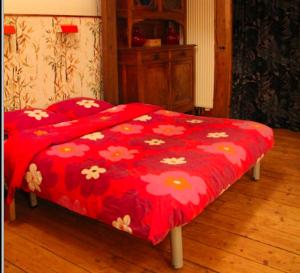 a red blanket with flowers on it sitting on a wooden floor at The charming, bright stable in Neuilly-le-Dien