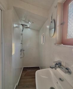 a white bathroom with a sink and a shower at VilaBakiaj in Tepelenë +36 photos