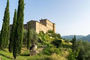 a castle on top of a hill with trees at Castello Di Potentino in Seggiano