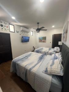 a bedroom with two beds and a ceiling fan at Cozy room La Flor in Jacó
