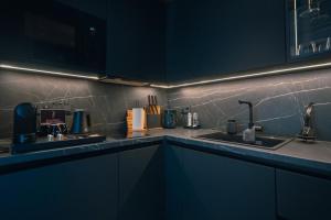 a kitchen with two sinks in a dark kitchen at Luxury Resort Reiu in Reiu