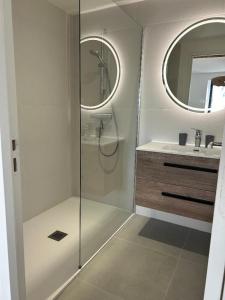 a bathroom with a shower and a sink at Les Granges Dorées in Châtillon
