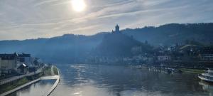 a view of a river with buildings and a city at Pension Regina in Cochem