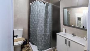 a bathroom with a shower with a toilet and a sink at Casa rural L´Amparo -3 espigas- Categoría superior-15 personas in Navarrete del Río +47 photos