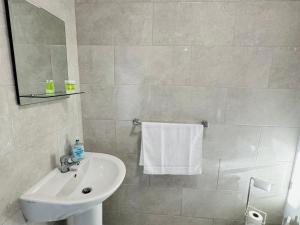 a white bathroom with a sink and a mirror at Pier House Luxury Apartment in Dingle