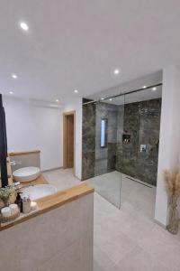 a large bathroom with a shower and a tub at Villa Miramare in Blizikuće +9 photos