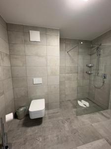 a bathroom with a toilet and a glass shower at Sun Terrace Apartment 04 I Gerlitzen-Ossiachersee I Alpe Maritima in Annenheim +12 photos
