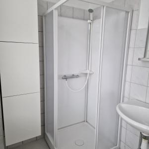 a shower with a glass door next to a sink at Patriciavilla tæt på centrum in Haderslev +20 photos
