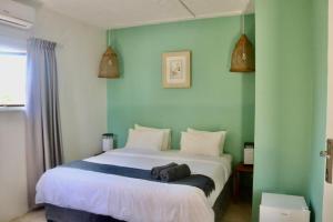 a bedroom with a white bed with green walls at Planet Scuba Bed and Breakfast in Ponta do Ouro +26 photos