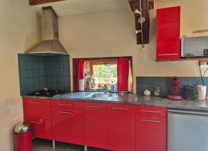 a red kitchen with a sink and red cabinets at Gîte Marie, Beynat, Corrèze in Beynat