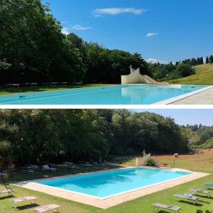 two pictures of a swimming pool in a park at Cascina De' Fagiolari in Lastra a Signa