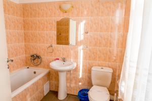 a bathroom with a toilet and a sink and a tub at Hotel Parc in Onești